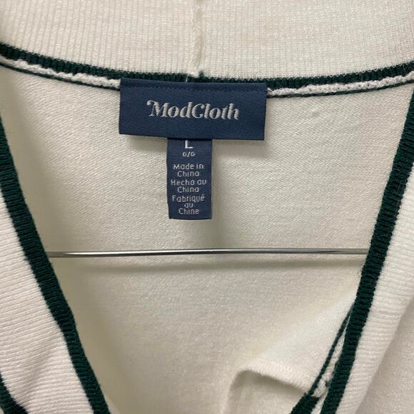 ModCloth Bow Thyself Tie Neck Knit Top LARGE White Black Short Sleeve Retro Chic - Picture 6 of 6